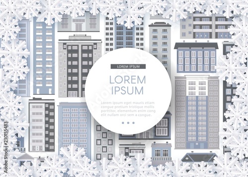 Vector illustration of winter city banner with background from downtown multistorey houses with white snowflakes frame in paper art style and round label with copy space.