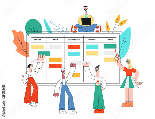Vector software development team meeting near huge scrumboard with adhesive sticks with daily tasks. Agile methodology, kanban taskboard. Men, women brainstorming, typing at laptop, holding ladder