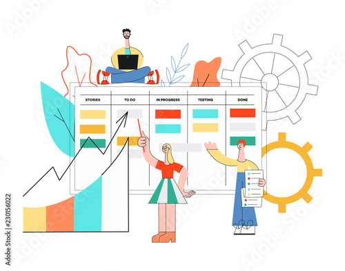 Vector illustration of scrum planning technique of teamwork on software development with disproportionate people working with laptop and discussing tasks and results in flat style.