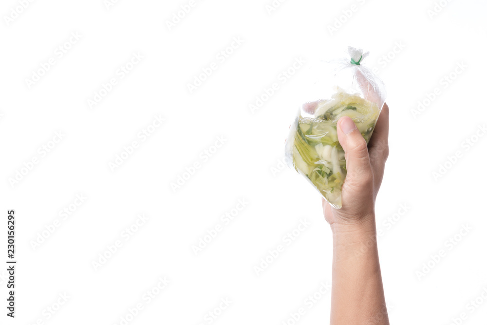 Hand holding Thai traditional pickled, cabbage preserve in plastic bag sealed with rubber band