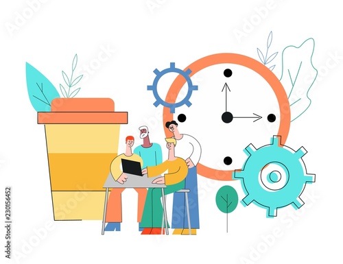 Vector coworking, teambuilding and business communication concept with colleagues, male female office workers, men and woman sitting at table looking at laptop discussing with gears, clock around