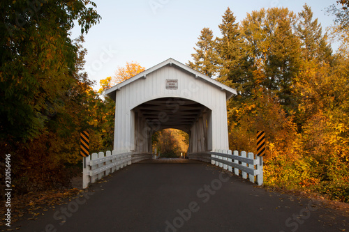 Принти на полотні Distant center front perspective of Larwood covered bridge with fall color trees in a rural area in Oregon