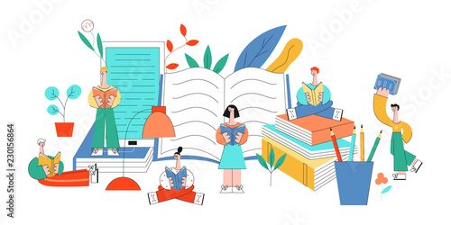 Vector stylized education concept people, objects set. Flat women, men standing, sitting legs crossed, lying reading book with pleasure and smile at face near books, pencils and florals.