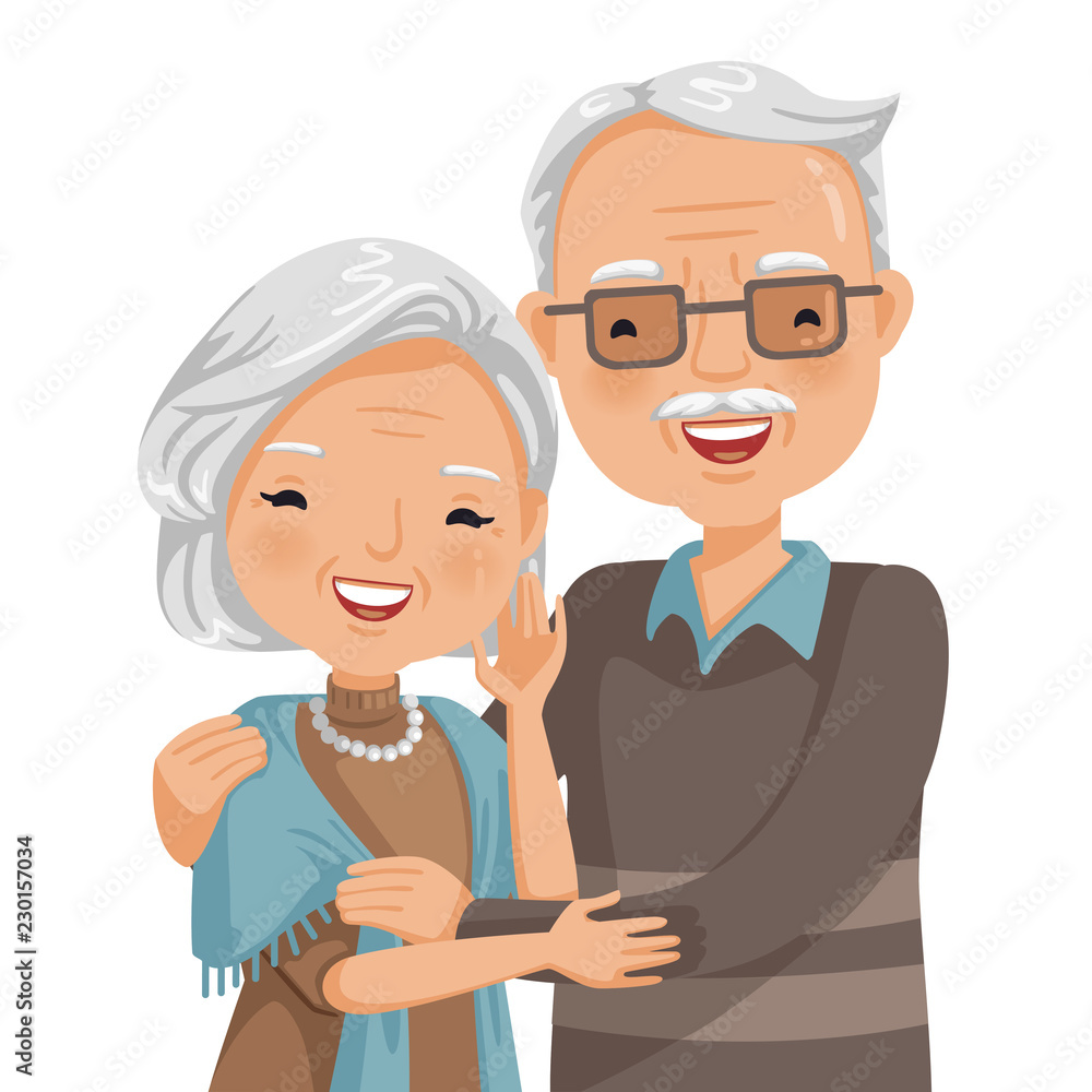 elderly couple smiling. Old woman and old man couple embrace affectionately. Feeling happy of granddaddy and grandmother retirement Age. Vector illustration isolated white background. elderly couple smiling. Old woman and old man couple embrace affectionately. Feeling happy of granddaddy and grandmother retirement Age. Vector illustration isolated white background.