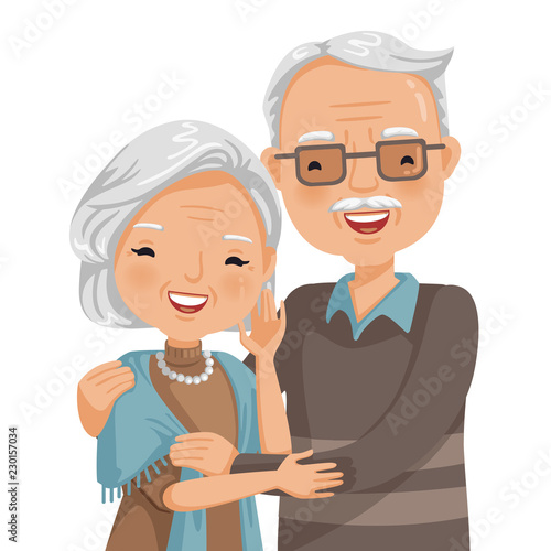 elderly couple smiling. Old woman and old man couple embrace affectionately. Feeling happy of granddaddy and grandmother retirement Age. Vector illustration isolated white background.