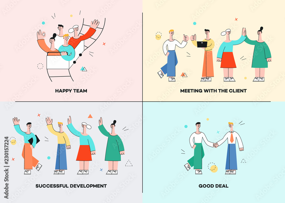 Vector illustration set of business theme banners with various working situations and process on pastel backgrounds - modern flat successful businessmen and women interacting with each other. Vector illustration set of business theme banners with various working situations and process on pastel backgrounds - modern flat successful businessmen and women interacting with each other.