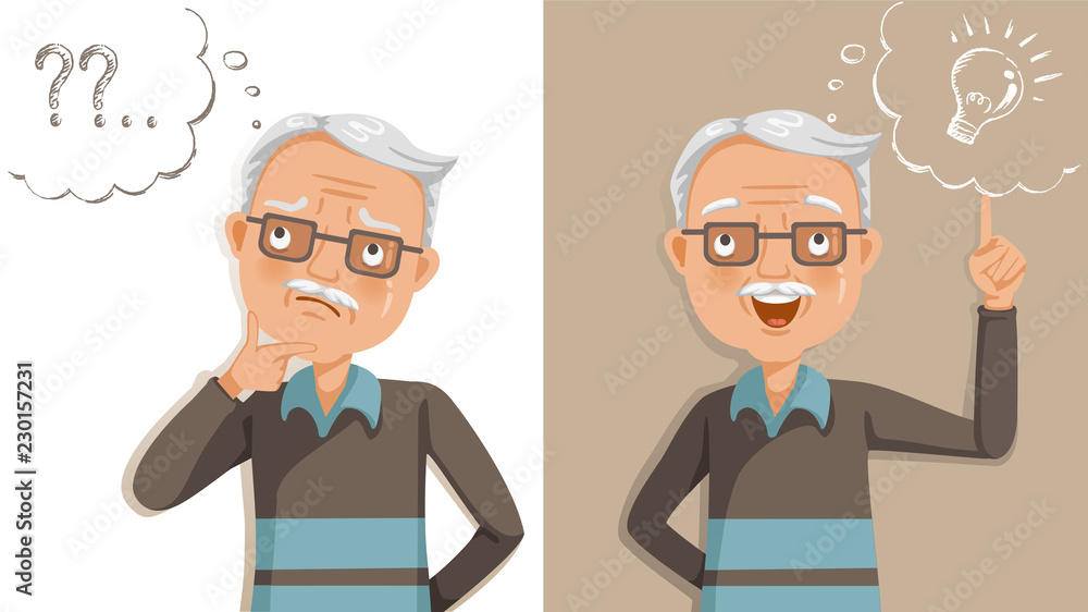 elderly thinking. Emotions and gestures. Think not, do not understand, Think out. Concept learning of brain and alzheimer's disease of elderly. Cartoon illustrations vector. The contradictory emotions elderly thinking. Emotions and gestures. Think not, do not understand, Think out. Concept learning of brain and alzheimer's disease of elderly. Cartoon illustrations vector. The contradictory emotions