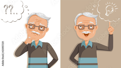elderly thinking. Emotions and gestures. Think not, do not understand, Think out. Concept learning of brain and alzheimer's disease of elderly. Cartoon illustrations vector. The contradictory emotions