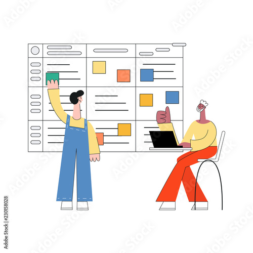 Scrum planning vector illustration - modern planning technique of teamwork on software development with flat isolated male characters working with laptop and sticking colorful paper on agile board.