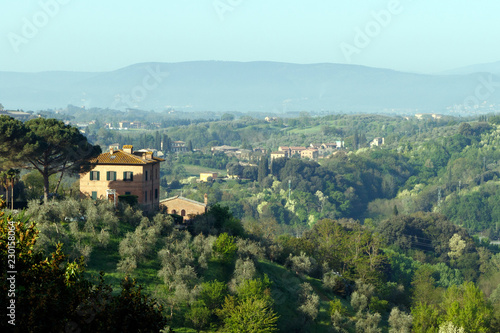 Village in the Tuscan countryside as seen from Siena  Italy  located in Tuscany 