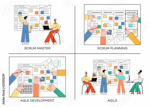 Vector illustration set of scrum planning technique of teamwork on software development banners with various scenes of agile teamwork in trendy flat style isolated on white background.