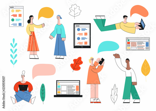 Vector illustration set of social online and live communication concept in trendy flat style. Various people talking and corresponding with computer devices isolated on white background.