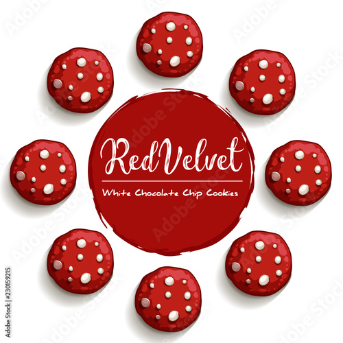 Red velvet chocolate chip cookies on white background with calligraphy design Vector illustration