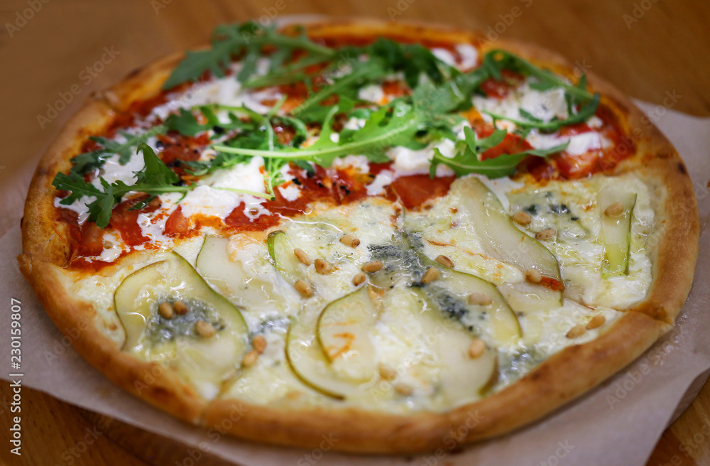 Macro photo of delicious pizza with pear and cheese Macro photo of delicious pizza with pear and cheese