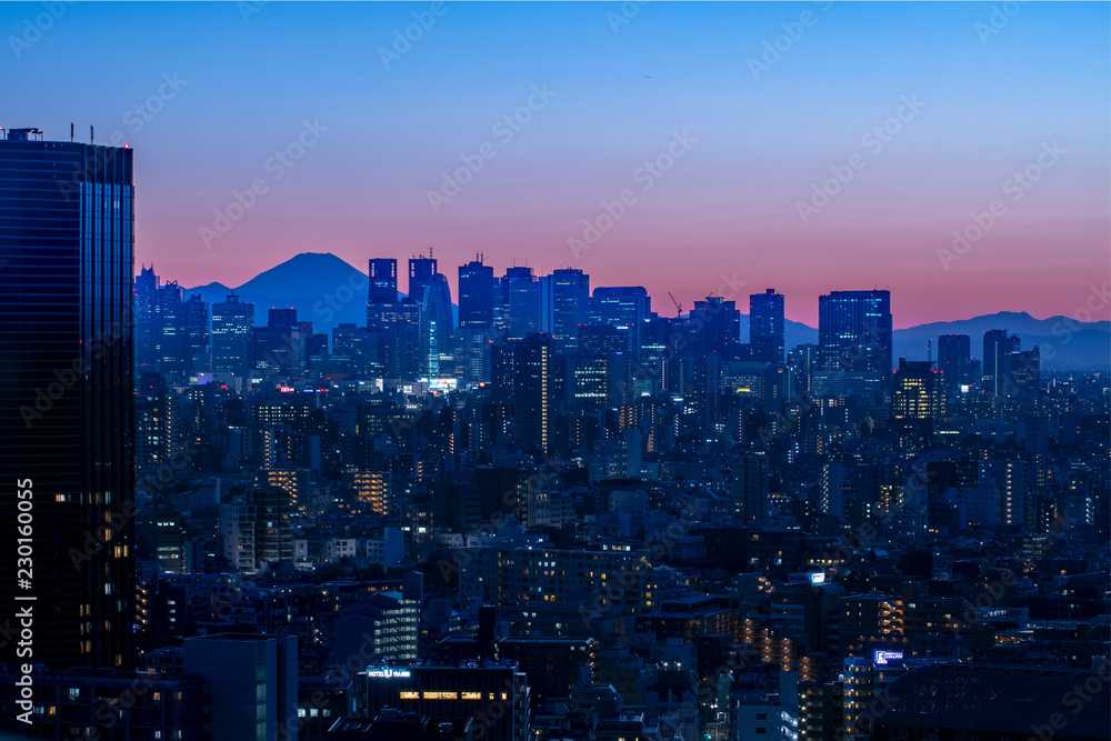view of tokyo skyscraper twilight with MT.fuji sunset view of tokyo skyscraper twilight with MT.fuji sunset