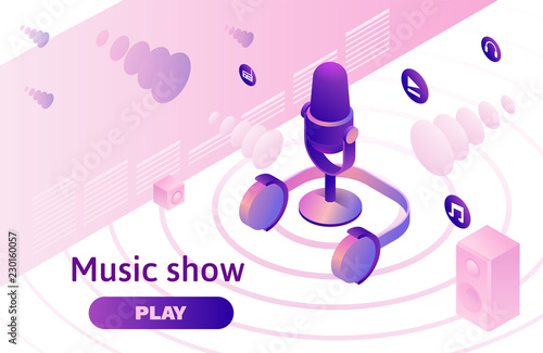 Modern music radio show or audio blog concept, podcast isometric 3d illustration, vector landing page template with people, microphone, sound studio interior