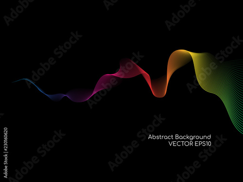 Abstract colorful wave lines flowing isolated on black background for vector design elements in concept of sound, music, technology, science.