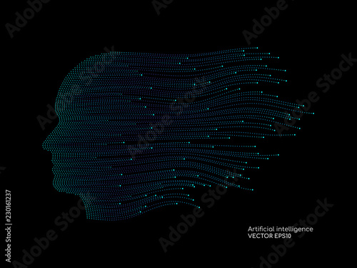 Artificial intelligence technology concept human head shape with light dots line blue color on black background. Vector in concept technology, communication, digital, ai, science.