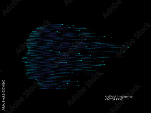 Artificial intelligence technology concept human head shape with light dots line blue color on black background. Vector in concept technology, communication, digital, ai, science.