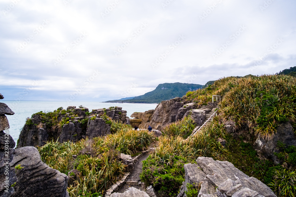 Fototapeta premium Pancake rocks, West coast, New Zealand. Cloudy day.
