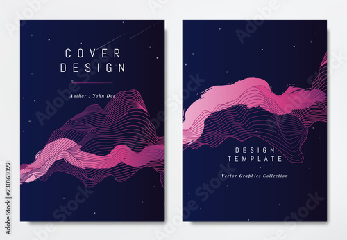 Front and back of book cover template design, abstract pink striped lines on dark blue, stars and space theme