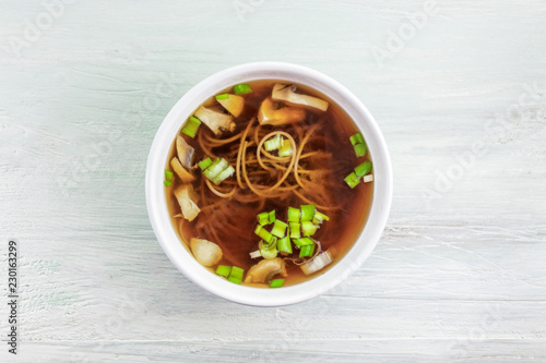 Tableau sur toile Miso soup with buckwheat soba, champignons, and green onions