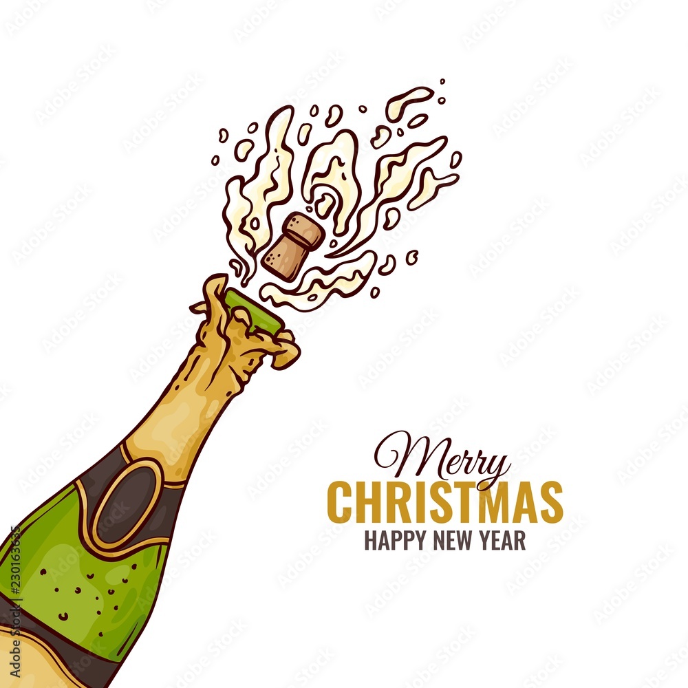 Vector splashing champagne bottle with popping cork, fizz golden bubbles  with merry christmas inscription. Holiday celebration template with alcohol  drink bottle explosion, cartoon illustration Stock Vector | Adobe Stock