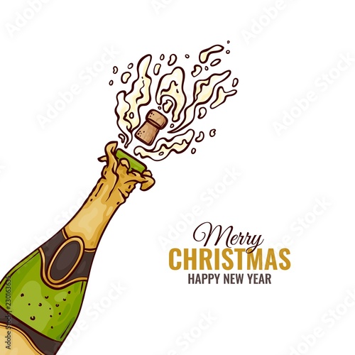 Vector splashing champagne bottle with popping cork, fizz golden bubbles with merry christmas inscription. Holiday celebration template with alcohol drink bottle explosion, cartoon illustration