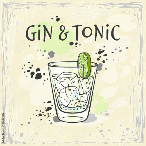 Vector illustration of gin and tonic cocktail in glass with ice cubes and slice of green fresh lime in sketch style - hand drawn refreshing alcoholic drink on colorful background.