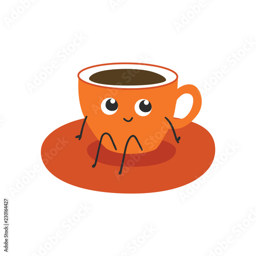 Vector illustration of cup of coffee or tea cartoon character - cute smiling orange mug with drink sitting on saucer isolated on white background. Funny emoticon of beverage in flat style.