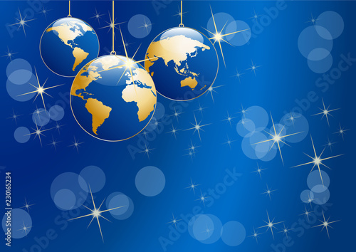 Christmas tree, vector postcard in blue. Balls in the shape of planet earth, background