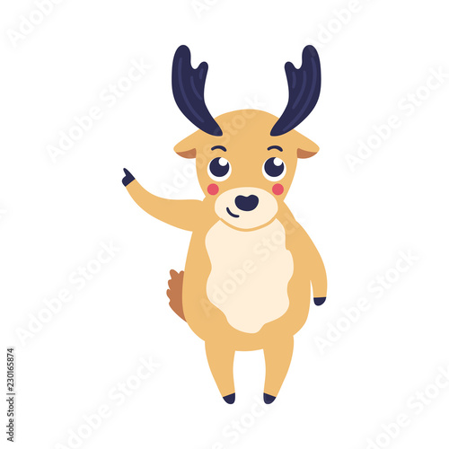 Vector illustration of cartoon reindeer standing and pointing or showing with index finger isolated on white background - cute wild animal with antlers holding forefinger up in flat style.