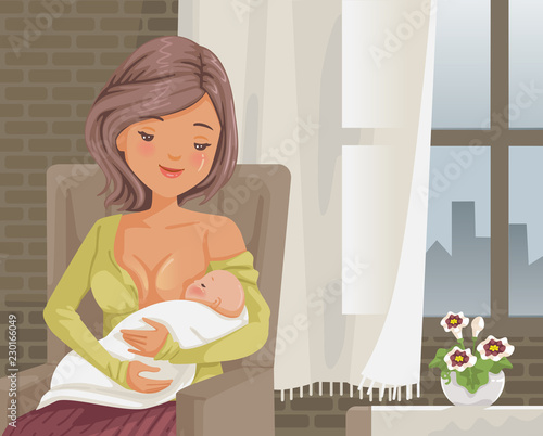 Breastfeeding mother holding her newborn child. nursing baby. woman and new born breastfeeding her little baby in her arms. bedroom was sitting chair family at home. by the window
