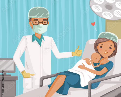 Mother carrying baby her newborn child. After labor in hospital. Doctor thumb up for mother giving birth to daughter. Parent and infant first moments of bonding. Medical performing cesarean sections