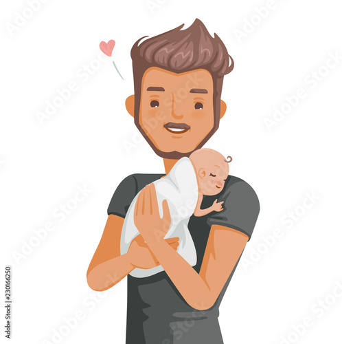 Newborn father holding newborn baby in home. Little daughter sleeping comfortably in the embrace her dad. Concept ties to the warmth of the family. Moments of happy fatherhood. Vector background white