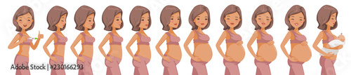 Pregnancy Stages set. Happy Woman With Different Stages Of Pregnancy. Animation motion of the body, face , mood change. Lined up pictures, pregnancy begins after childbirth,Breastfeeding. Infographic 