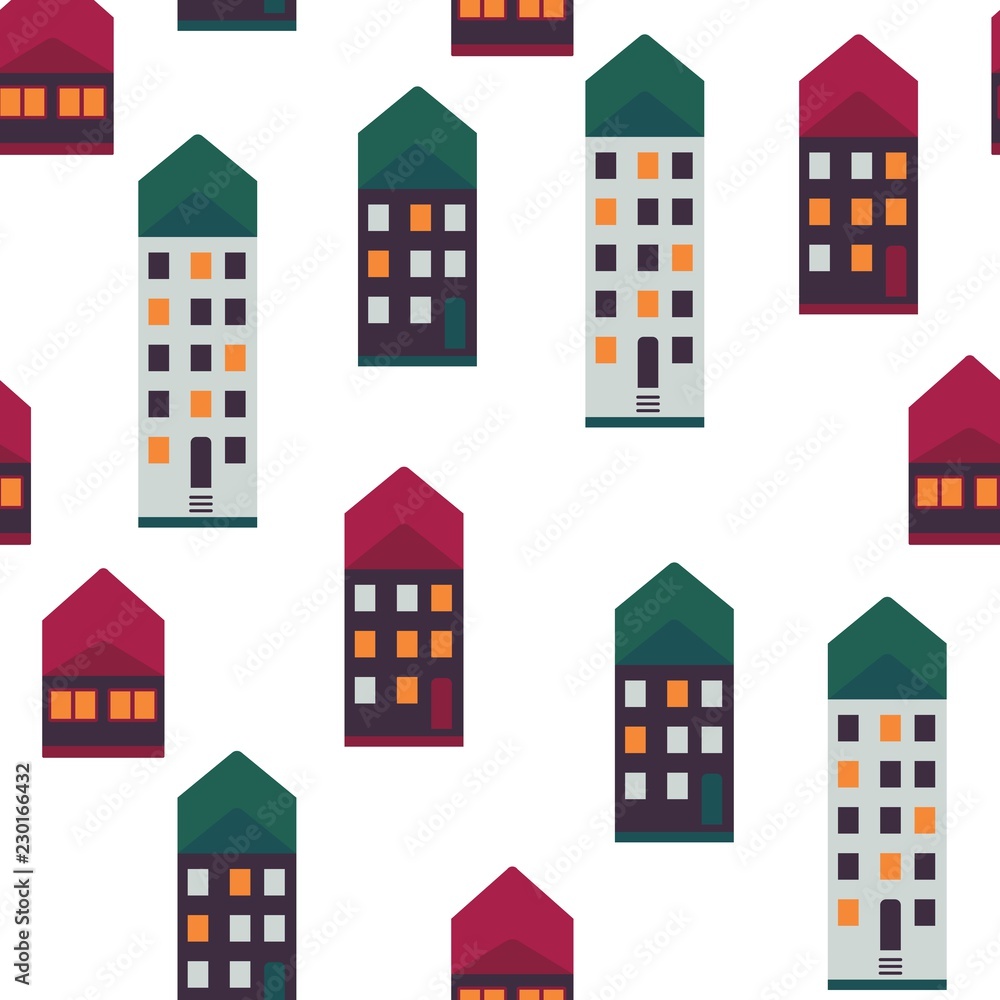 City houses vector illustration seamless pattern with cute multi storey houses with light in windows and colorful roofs on white background - urban backdrop with high-rise buildings.