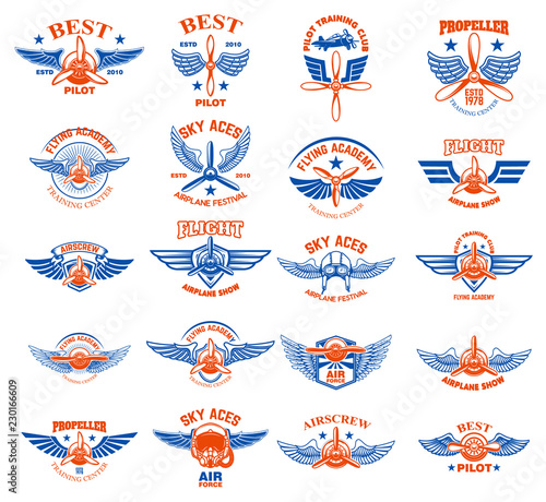 Set of vintage airplane emblems. Design elements for logo, label, sign, menu.