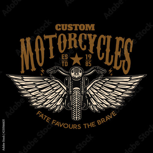Custom motorcycles. Winged motorbike on black background. Design element for logo, label, emblem, sign, poster.