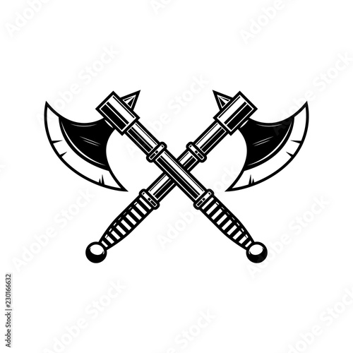 Crossed medieval axe. Design element for label, badge, sign.