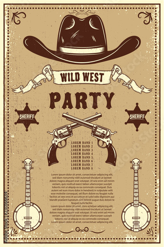 Country music festival poster template. Cowboy hat with crossed revolvers. Wild West theme. Design element for poster, card, banner, flyer.