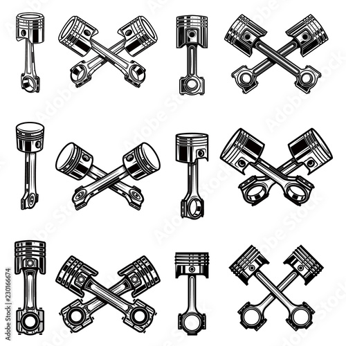 Set of motorcycle and car pistons. Design element for logo, label, sign, poster, card, t shirt.