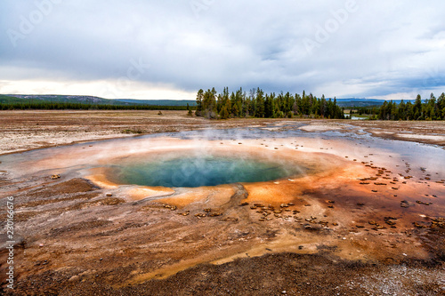 Geothermal pool in the Yellowstone National Park, with turquoise water and orange bacteria mat. USA, Wyoming, United States of America.