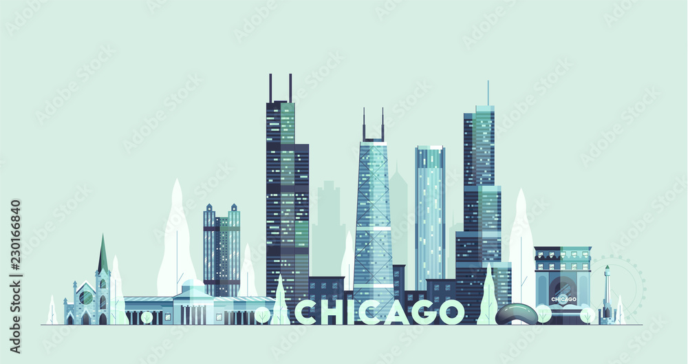 Obraz premium Chicago panoramę Stanów Zjednoczonych miasta rysowane wektor