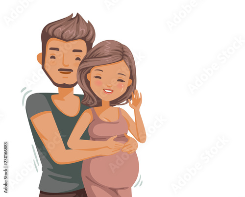 Pregnant couple. handsome man and his beautiful pregnant wife are hugging and smiling while standing. The happy moments in marriage and hope during pregnancy. Vector cartoon illustrations isolated.