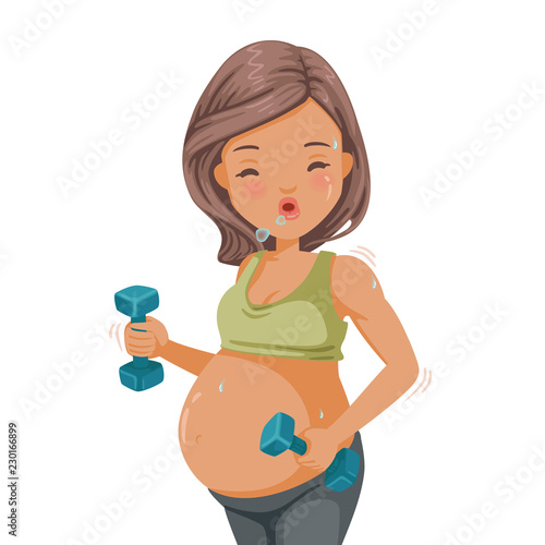 Pregnant woman exercising with dumbbells. Portrait of a Beautiful asian pregnant woman doing exercise. The concept of maternal health care. Vector cartoon illustrations isolated on white background.