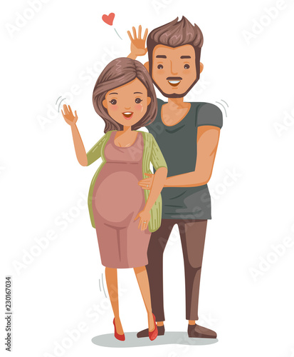 pregnant woman with husband. women and men stand embracing from the back. smile and waved. life concept and waiting time for delivery. happy family. Vector illustrations isolated on white background. 