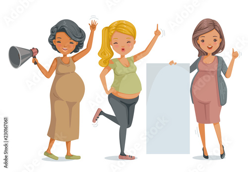 pregnant women group. three different people stance. mothers who are fluent and healthy. hold signs, do hand signs and hold lavender. Vector illustrations isolated on white background.