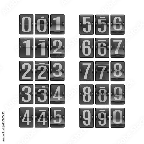 Vector illustration set of digits on black flip mechanical timetable in different positions for design with timer or countdown in realistic style isolated on white background.