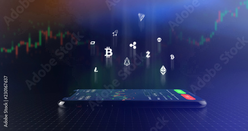 Futuristic stock exchange scene with crypto currency icons and smartphone  (3D illustration) photo